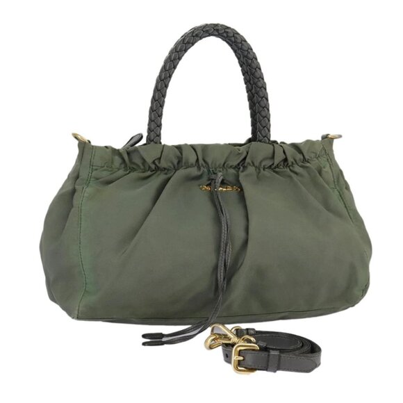 PRADA Hand Bag Nylon 2way Green Gold Auth - Picture 1 of 15
